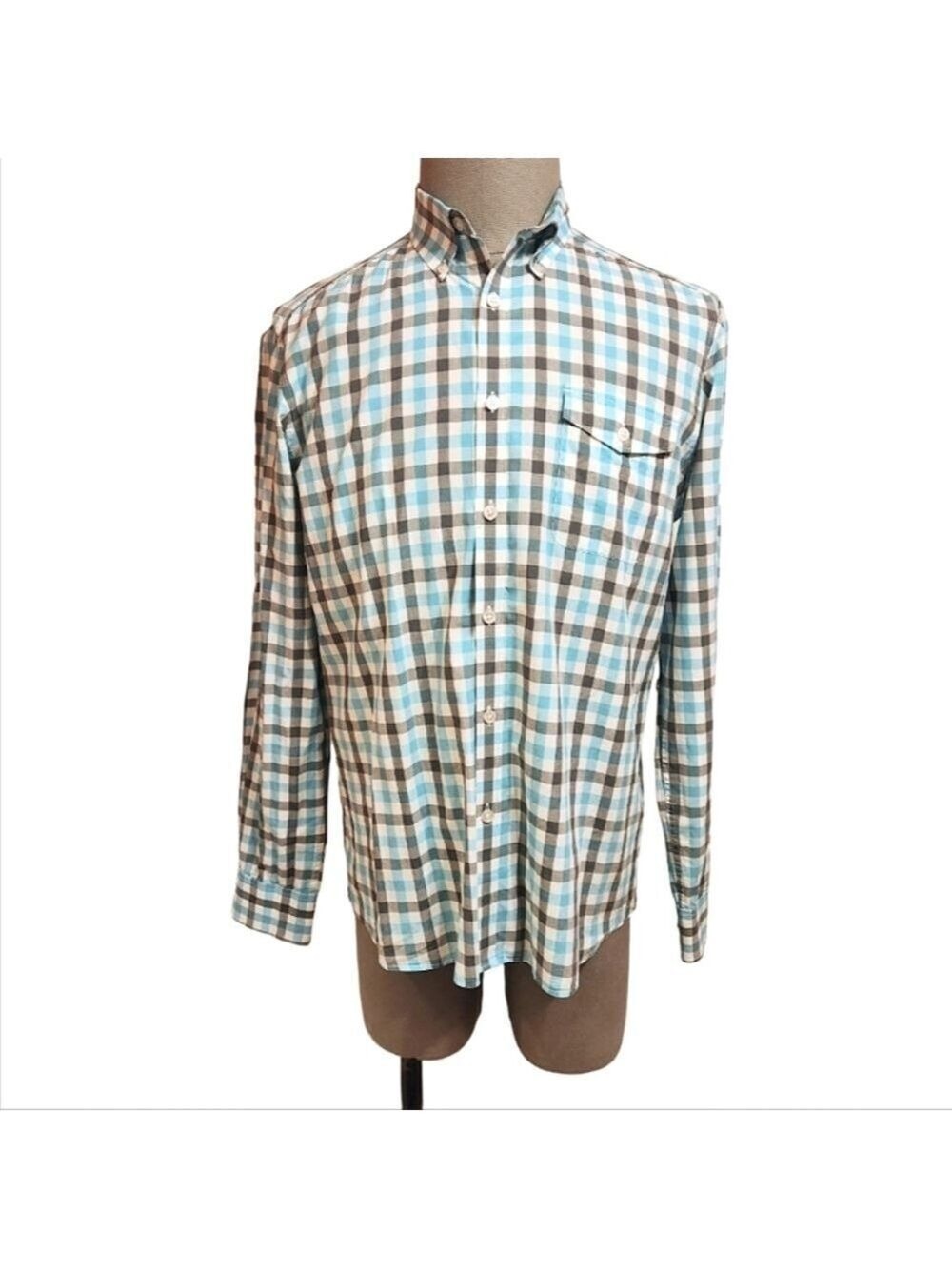 Kenneth Cole Plaid Blue Gray Cotton Button Down Shirt Large